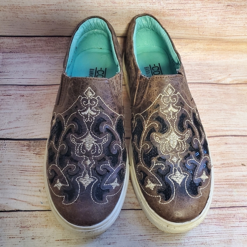 Corral Womens size 6.5 Brown with Black Sequin Inlay & Embroidery Sneakers E1560 - Picture 2 of 12